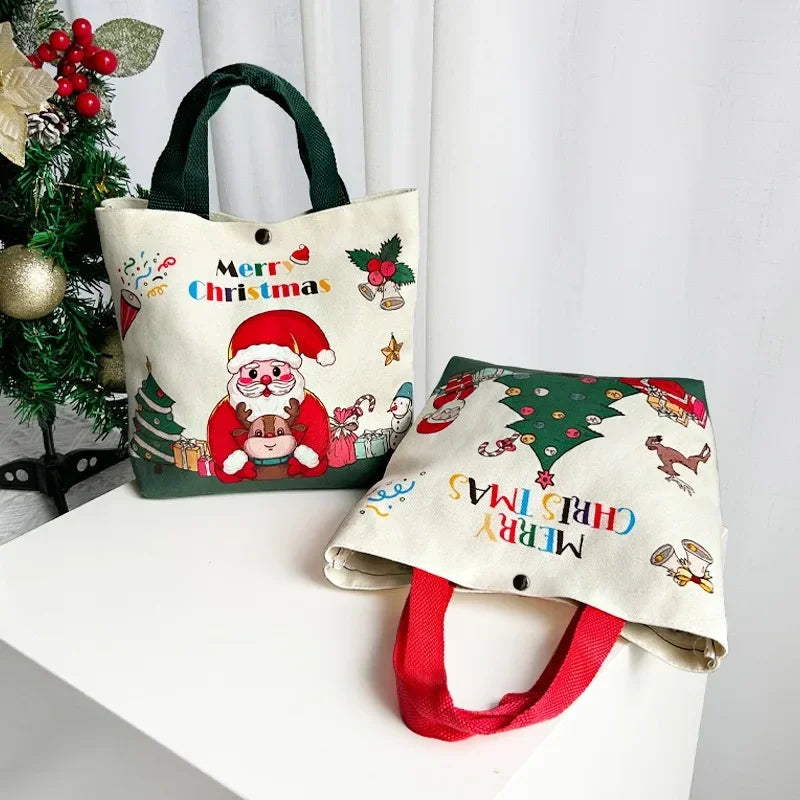 Christmas Gift Bag - Cartoon Santa Claus, Elk, Xmas Tree Canvas Tote