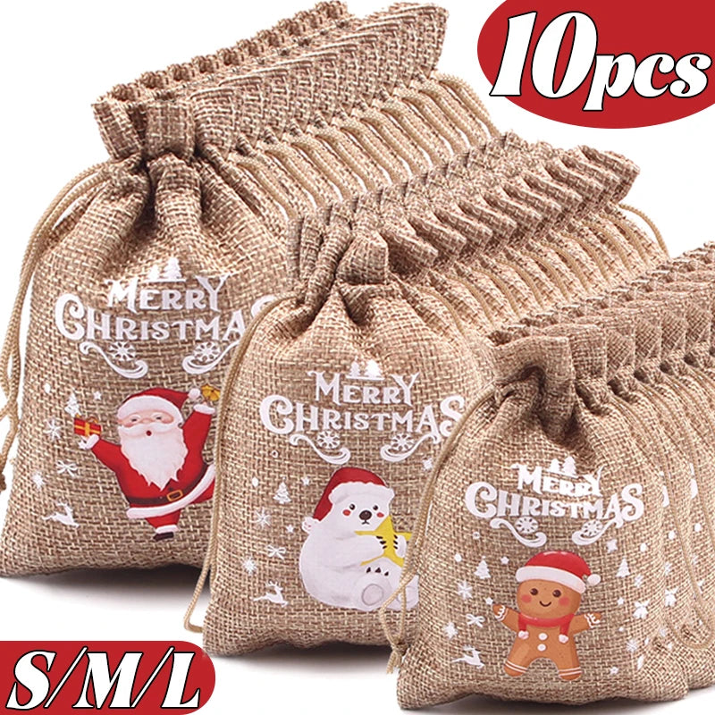 Wholesale Christmas Linen Bags Cartoon Santa Claus Snowman Candy Gifts Drawstring Bag for Xmas Party Packaging Storage Pouches