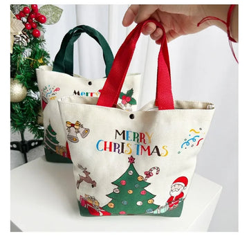 Christmas Gift Bag - Cartoon Santa Claus, Elk, Xmas Tree Canvas Tote